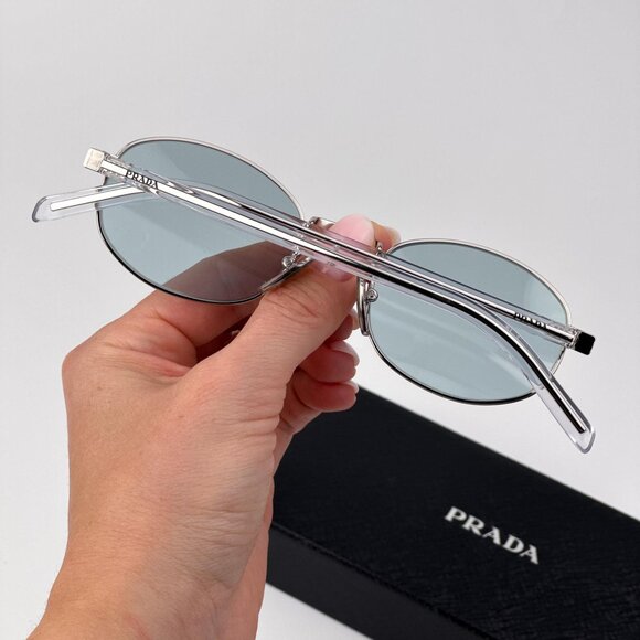 Prada Sunglasses – Silver Oval Frame Azure Lenses | Model PRB53S 1BC40N - Picture 2 of 11